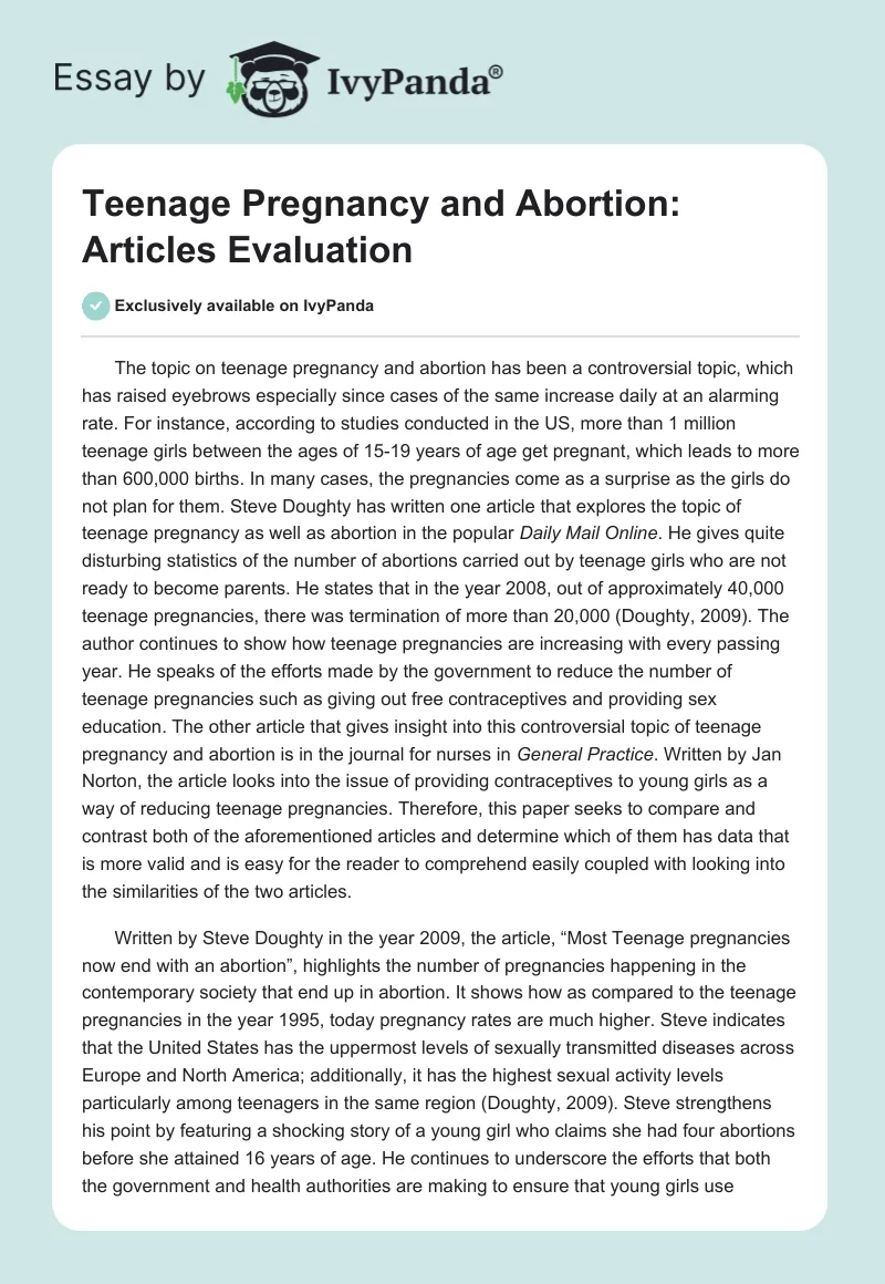 Teenage Pregnancy and Abortion: Articles Evaluation. Page 1