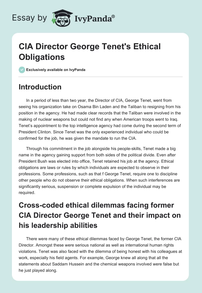 CIA Director George Tenet's Ethical Obligations. Page 1