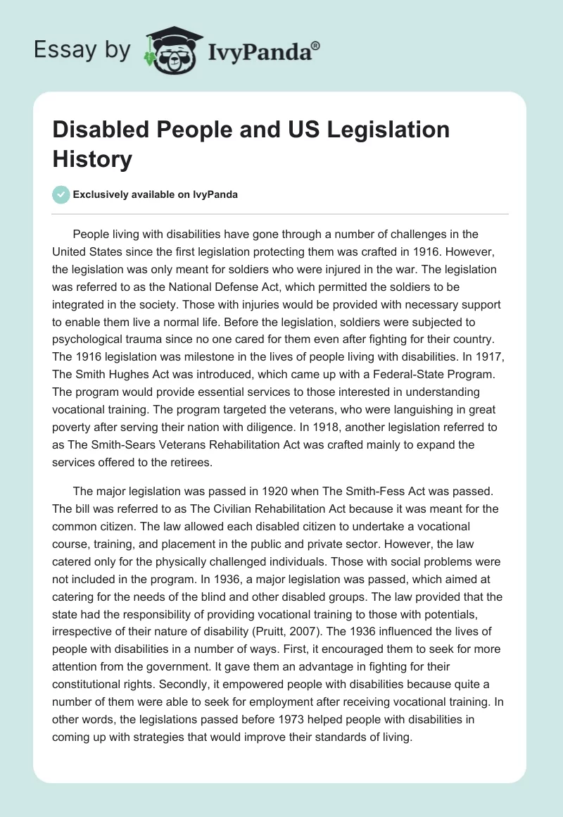 Disabled People and US Legislation History. Page 1