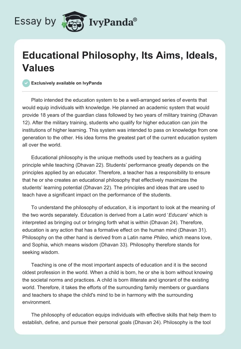 Educational Philosophy, Its Aims, Ideals, Values. Page 1