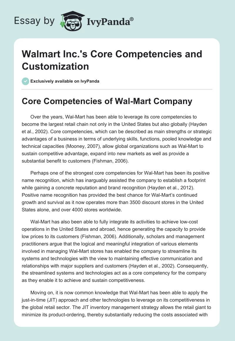 Walmart Inc.'s Core Competencies and Customization. Page 1