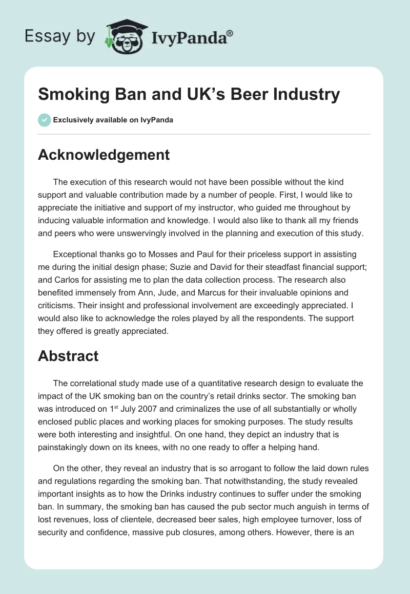 Smoking Ban and UK’s Beer Industry. Page 1