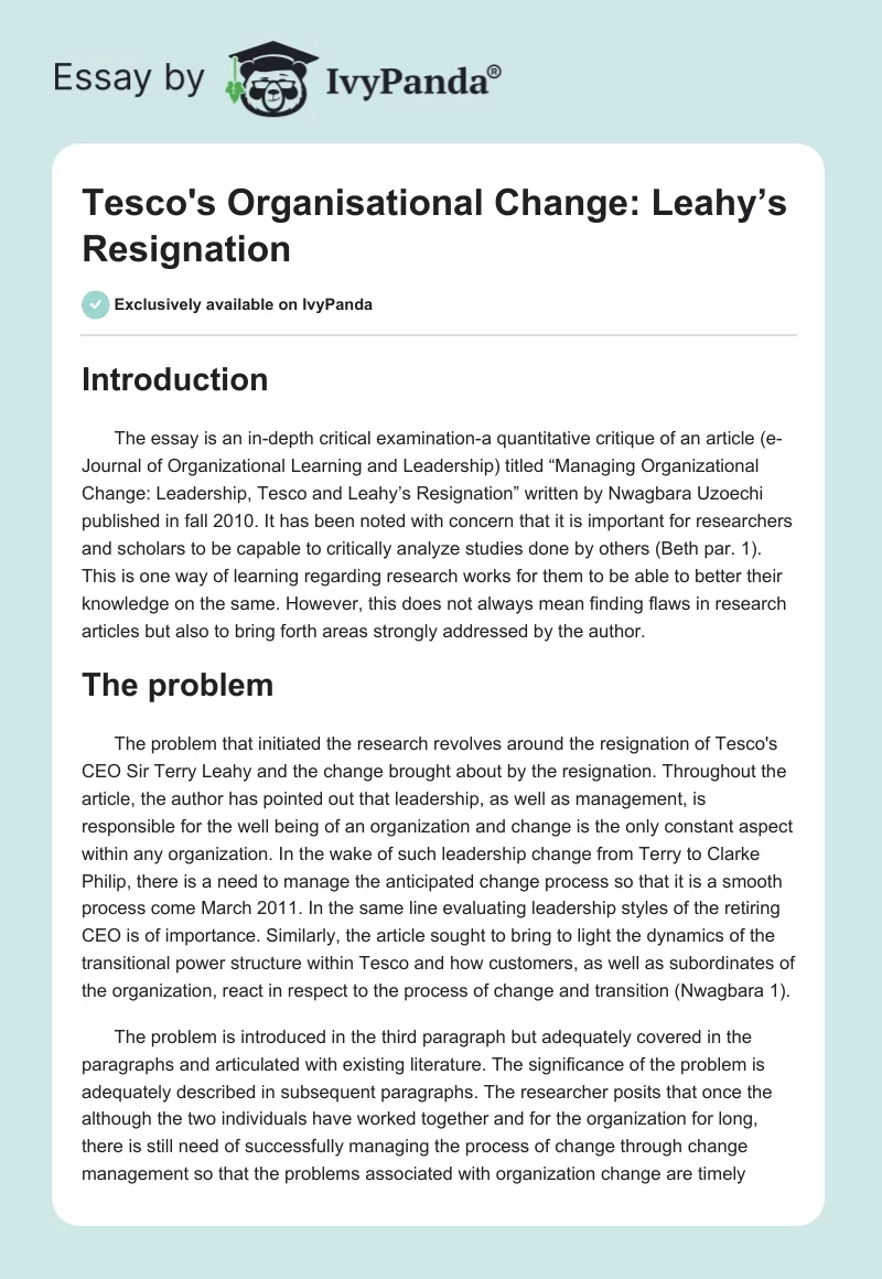 Tesco's Organisational Change: Leahy’s Resignation. Page 1