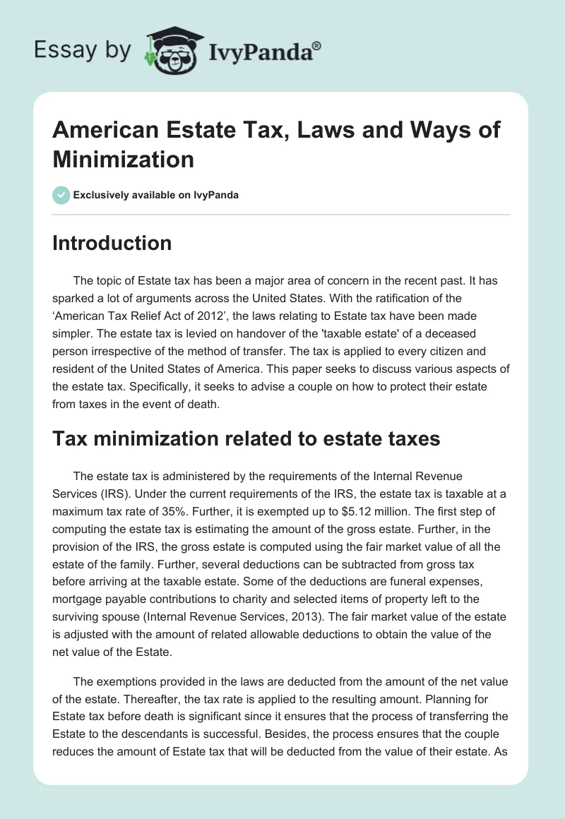 American Estate Tax, Laws and Ways of Minimization. Page 1