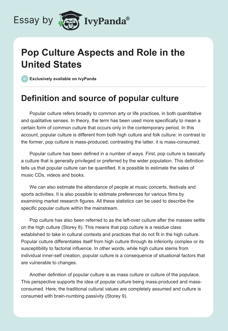 Pop Culture Aspects and Role in the United States. Page 1