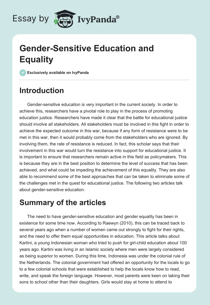 Gender-Sensitive Education and Equality. Page 1