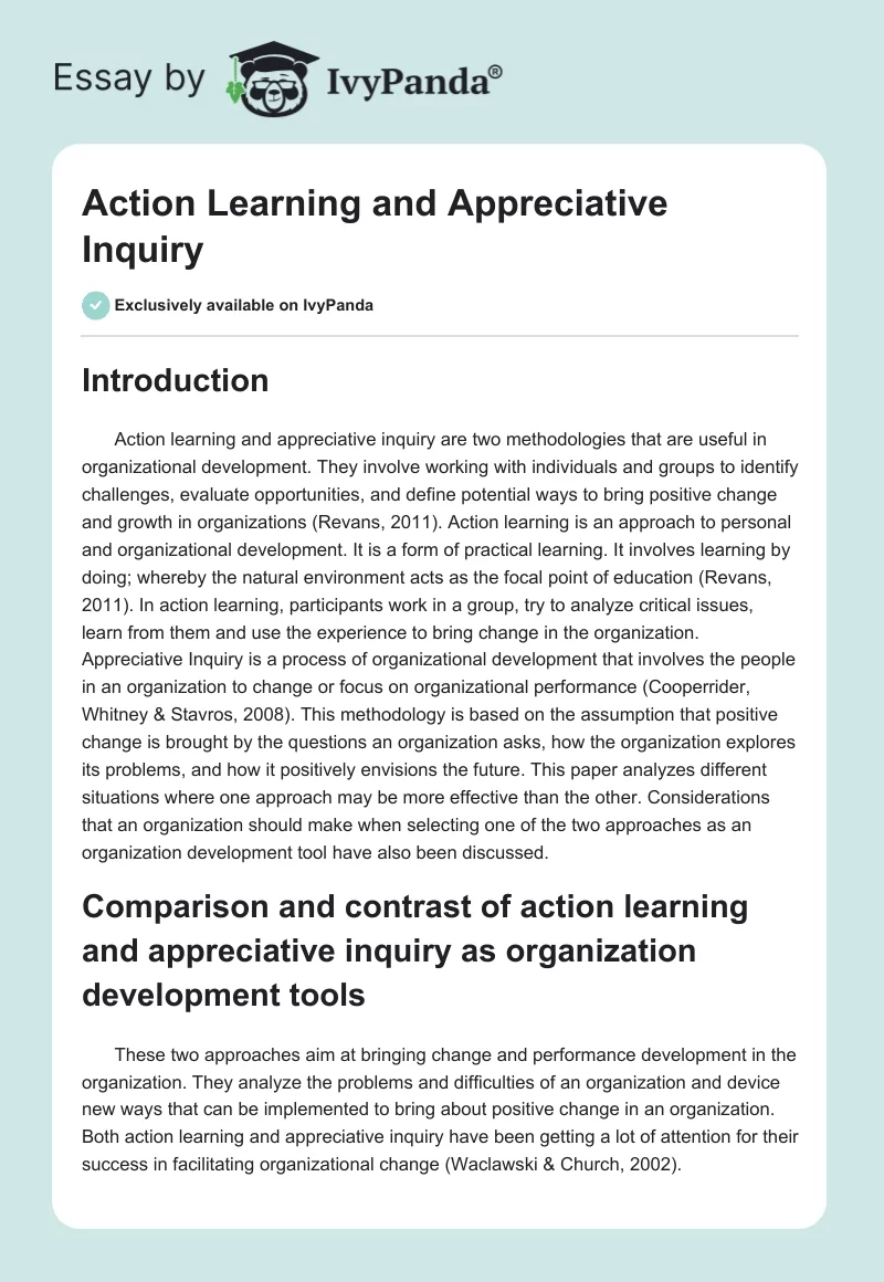 Action Learning and Appreciative Inquiry. Page 1
