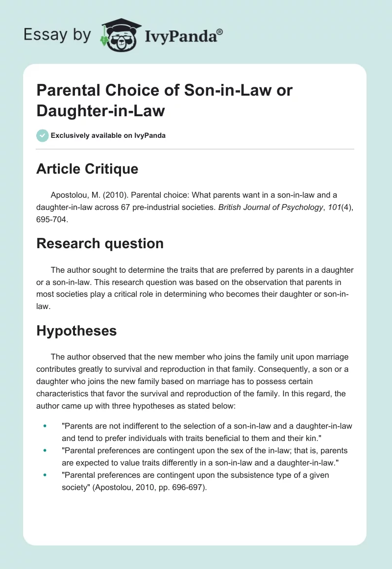 "Parental Choice" of Son-In-Law or Daughter-In-Law. Page 1