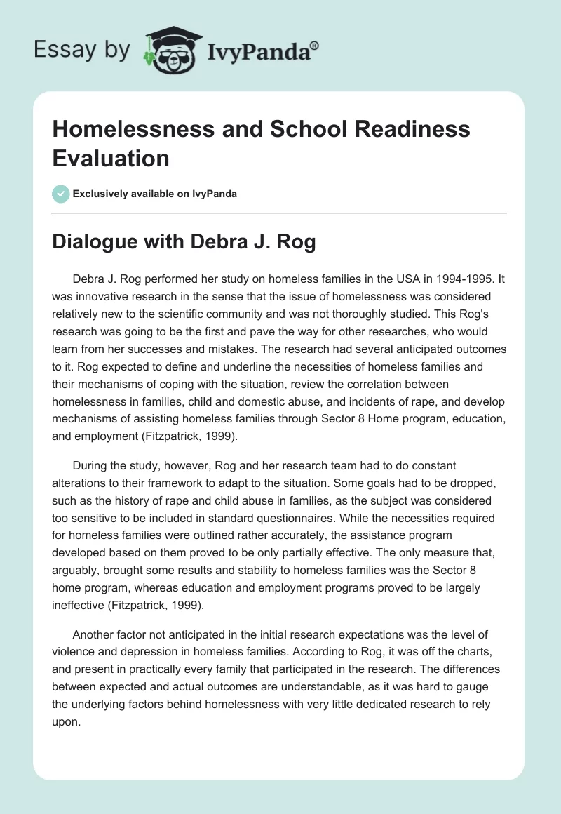 Homelessness and School Readiness Evaluation. Page 1