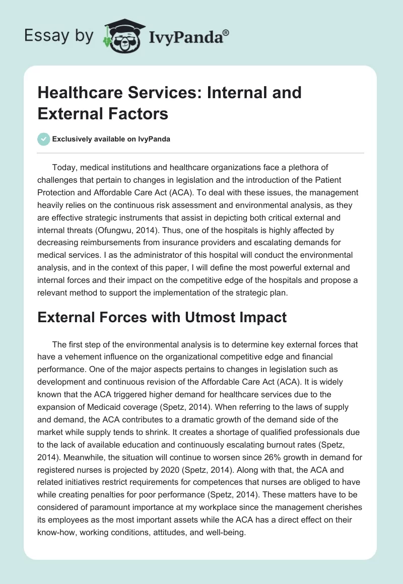 Healthcare Services: Internal and External Factors. Page 1