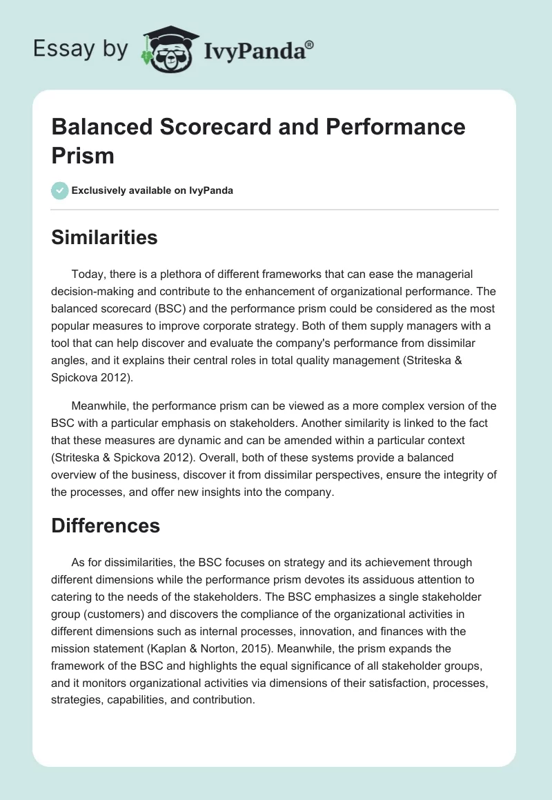 Balanced Scorecard and Performance Prism. Page 1