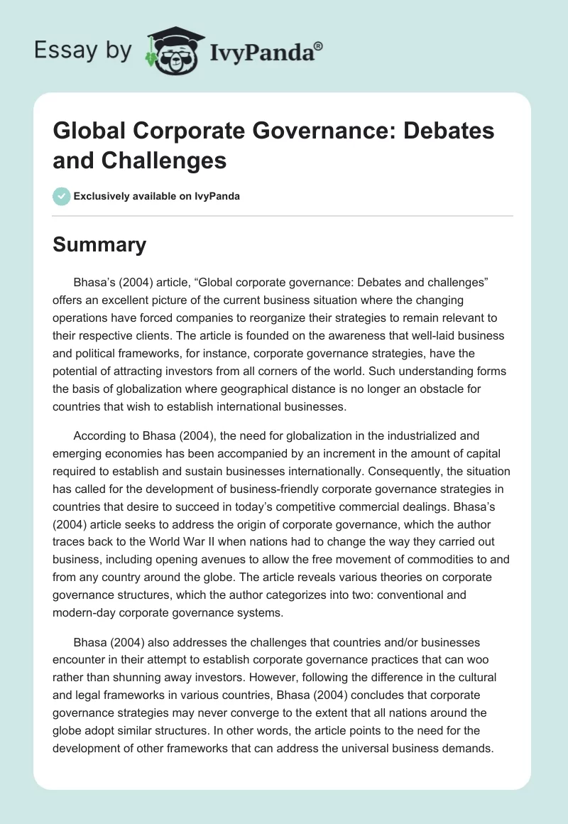 Global Corporate Governance: Debates and Challenges. Page 1