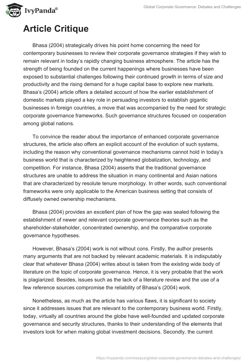 Global Corporate Governance: Debates and Challenges. Page 2