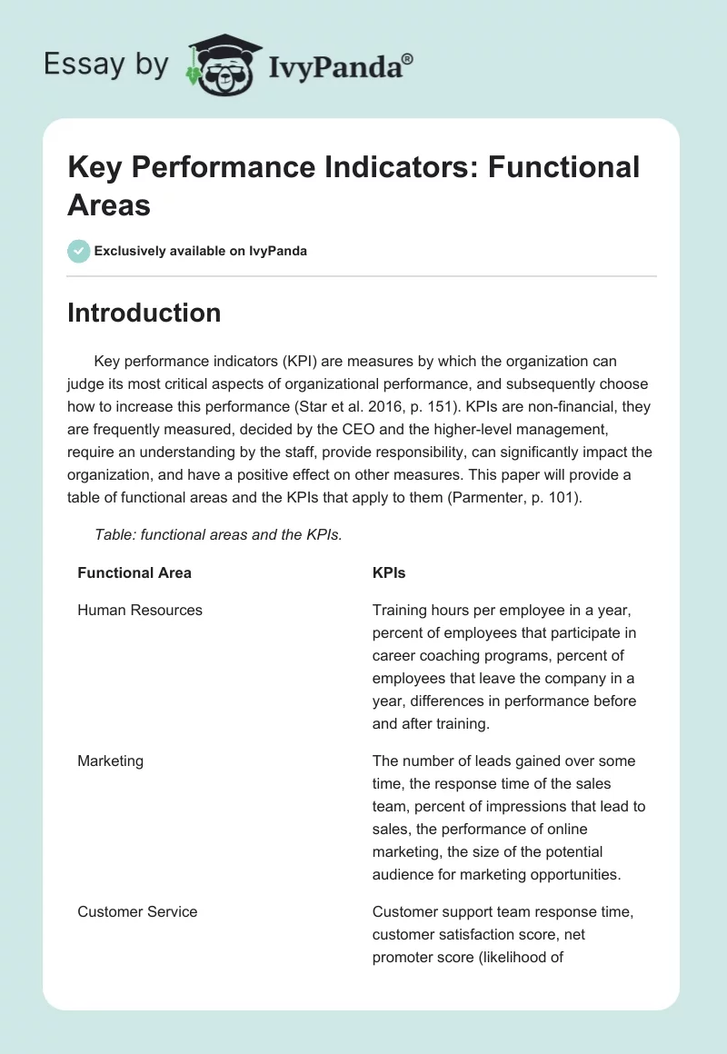 Key Performance Indicators: Functional Areas. Page 1