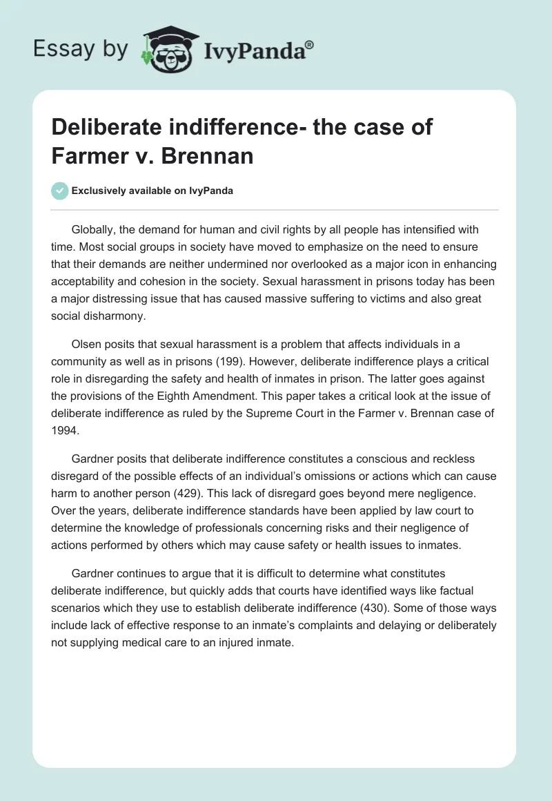 Deliberate indifference- the case of Farmer v. Brennan. Page 1