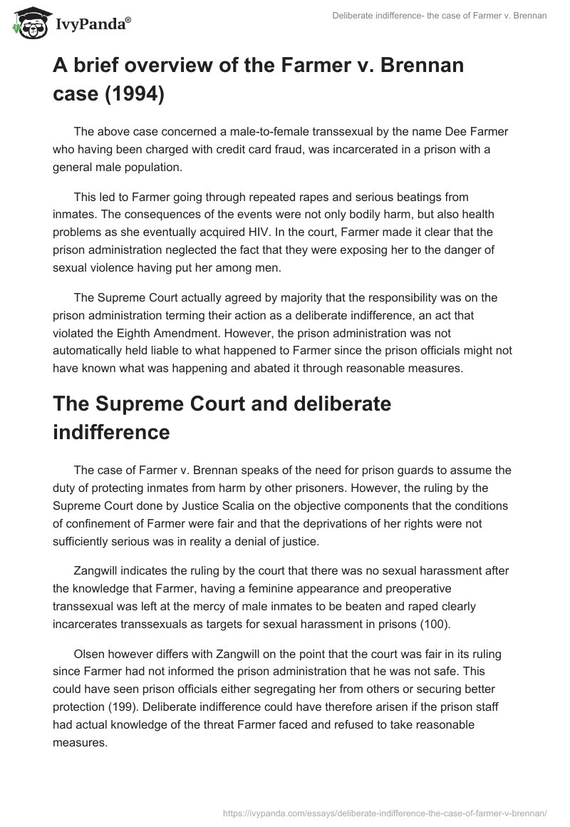 Deliberate indifference- the case of Farmer v. Brennan. Page 2