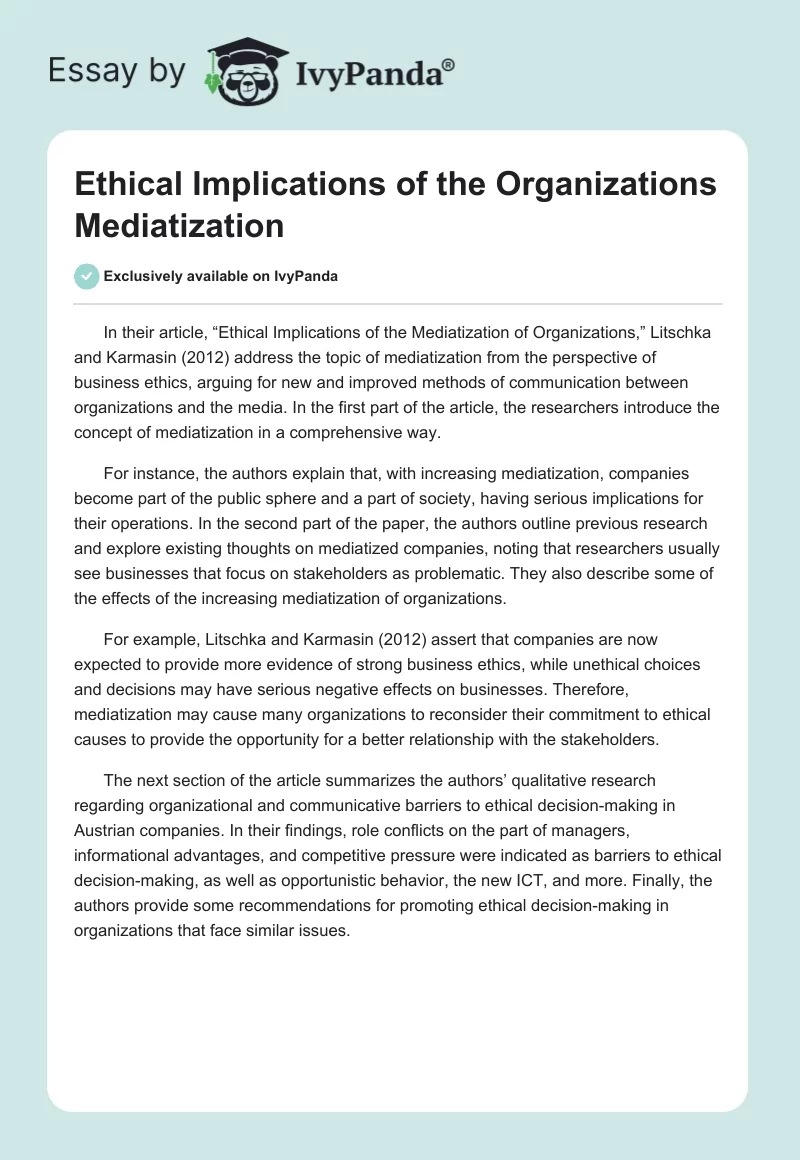 Ethical Implications of the Organizations Mediatization. Page 1