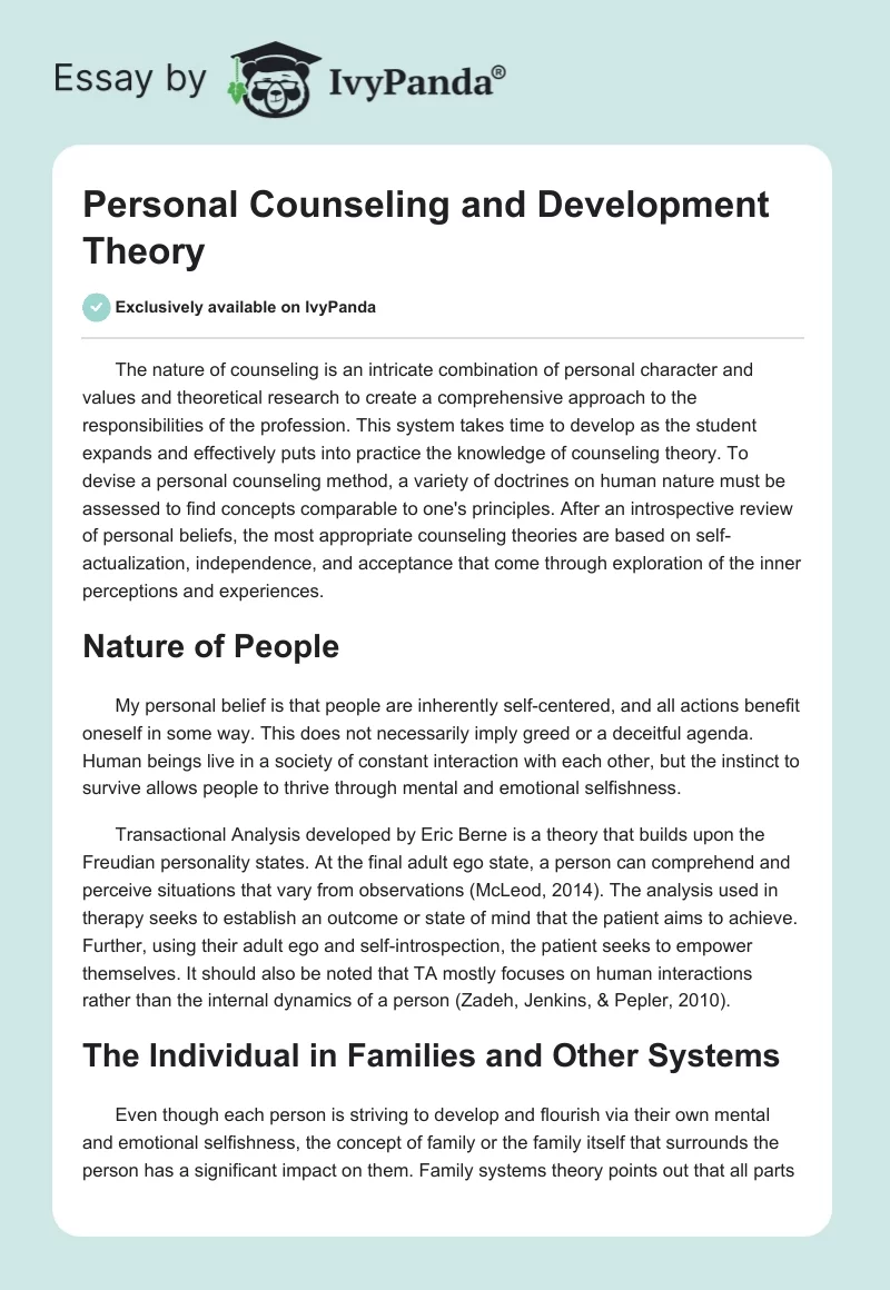 Personal Counseling and Development Theory. Page 1