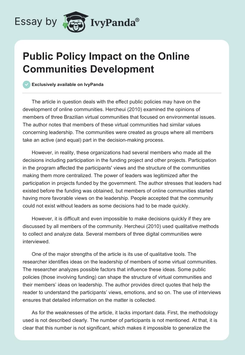 Public Policy Impact on the Online Communities Development. Page 1
