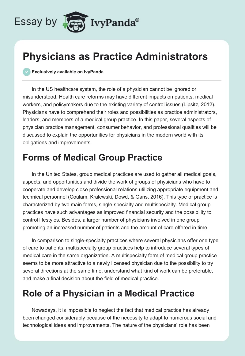Physicians as Practice Administrators. Page 1