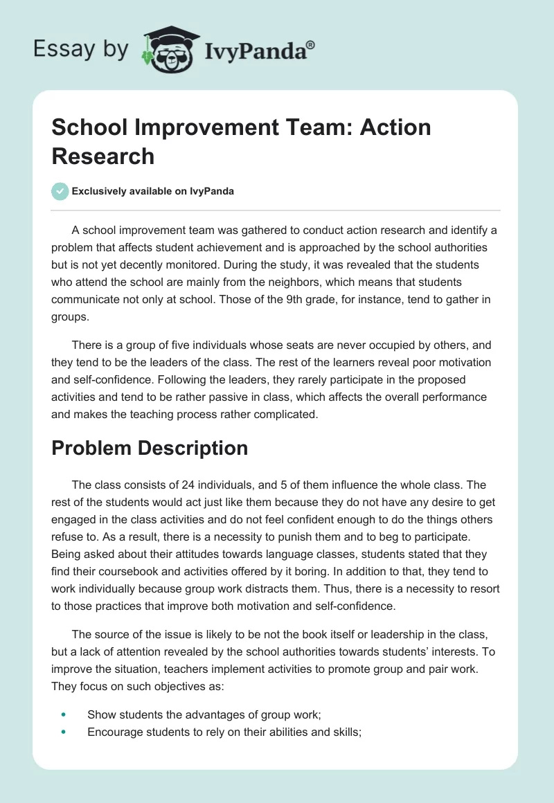 School Improvement Team: Action Research. Page 1