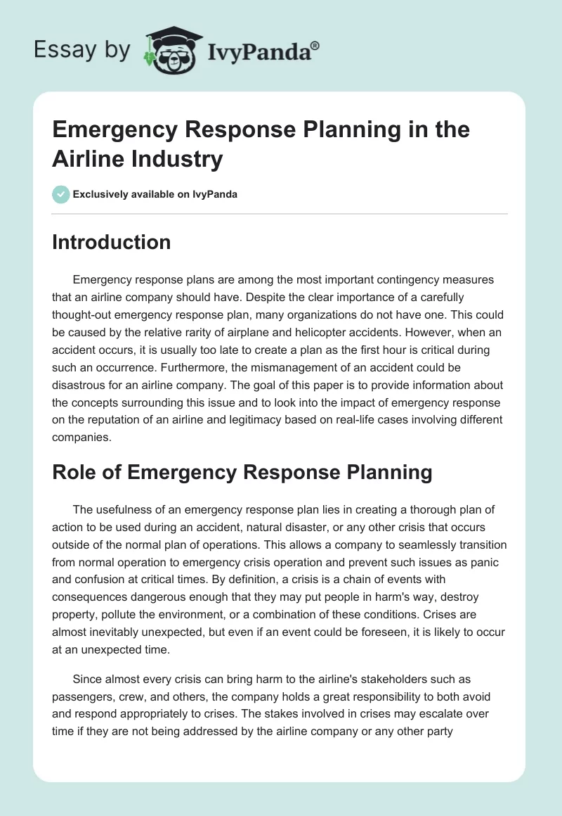Emergency Response Planning in the Airline Industry. Page 1