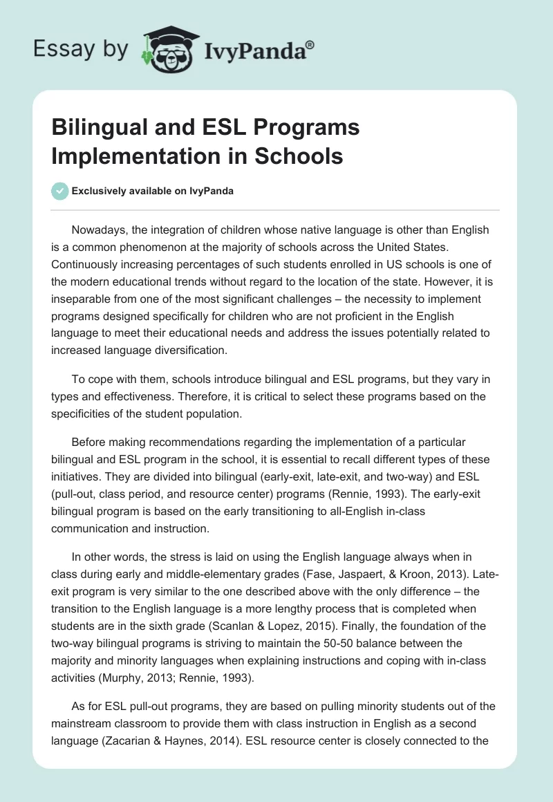 Bilingual and ESL Programs Implementation in Schools. Page 1