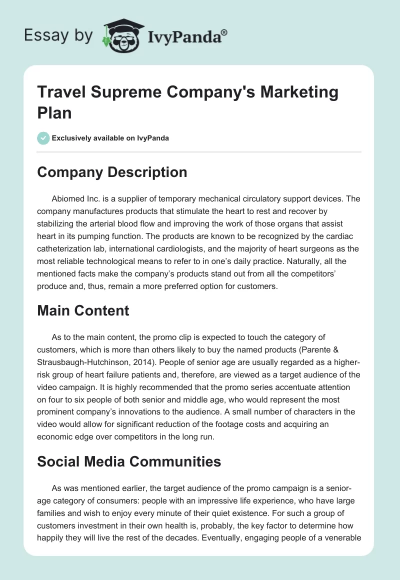 Travel Supreme Company's Marketing Plan. Page 1