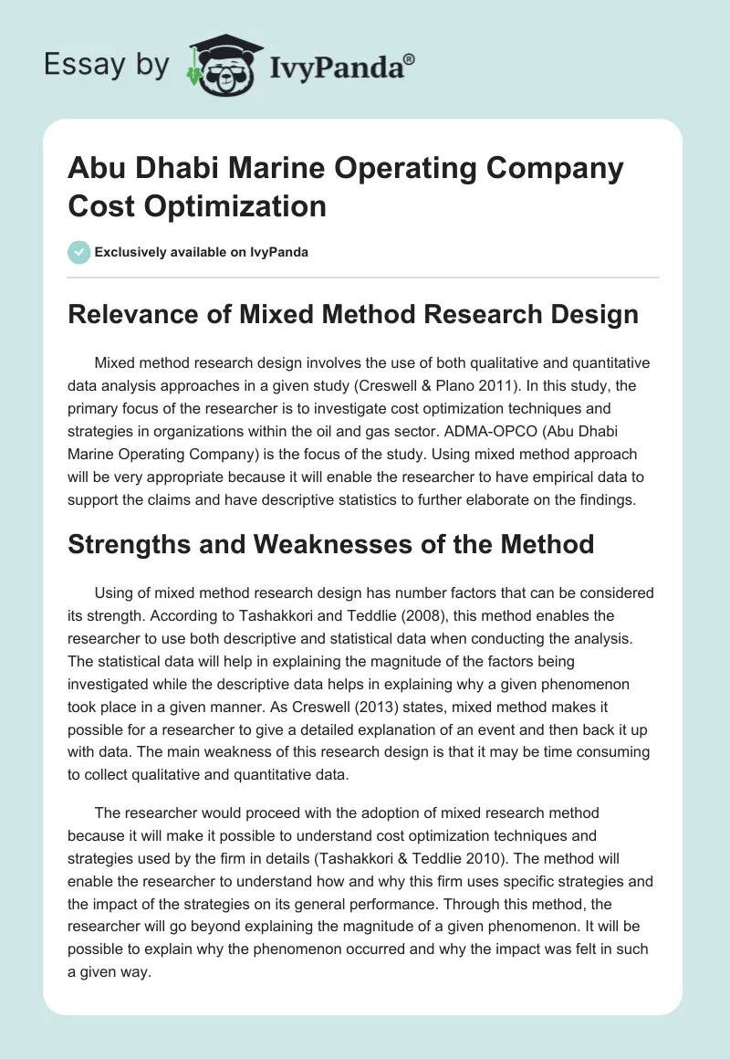 Abu Dhabi Marine Operating Company Cost Optimization. Page 1