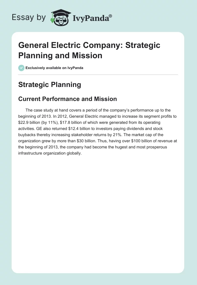 General Electric Company: Strategic Planning and Mission. Page 1
