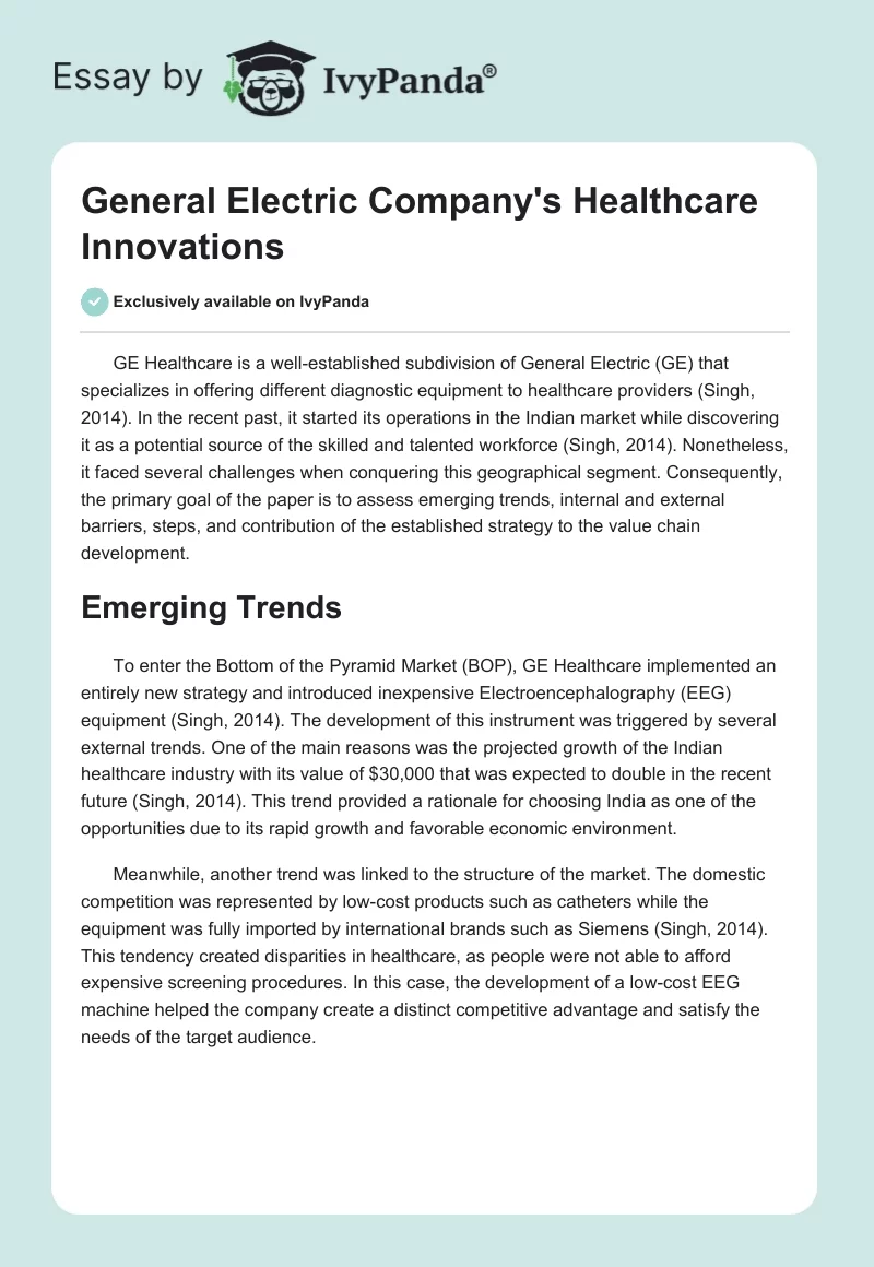 General Electric Company's Healthcare Innovations. Page 1