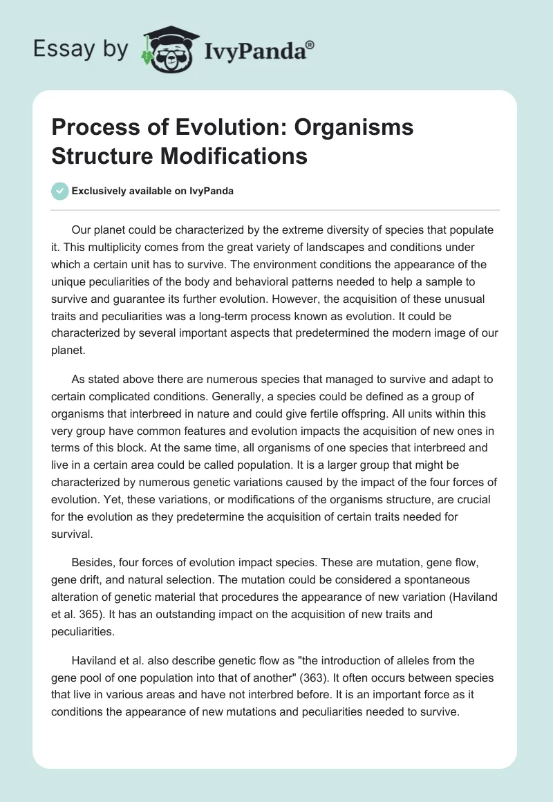 Process of Evolution: Organisms Structure Modifications. Page 1