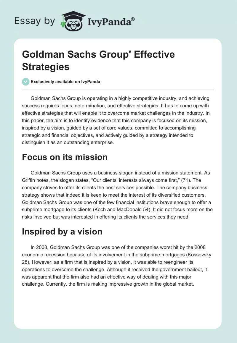 Goldman Sachs Group' Effective Strategies. Page 1