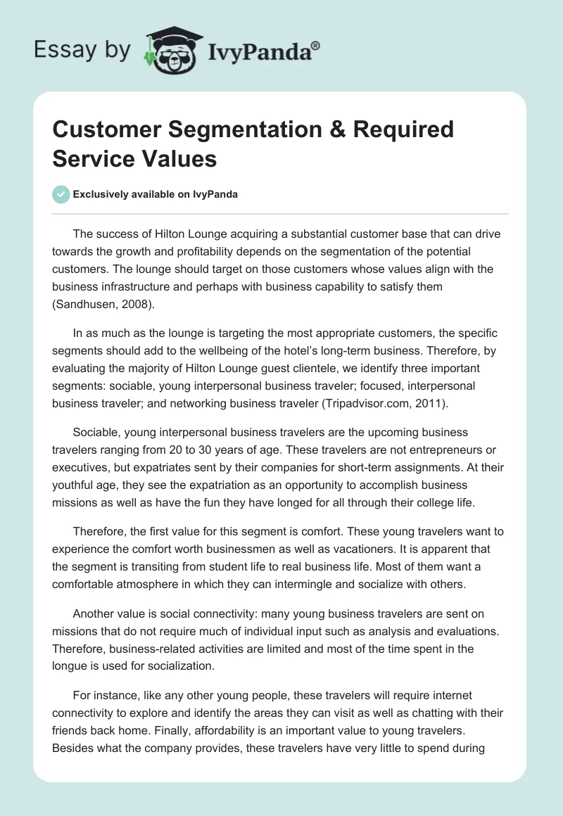 Customer Segmentation & Required Service Values. Page 1