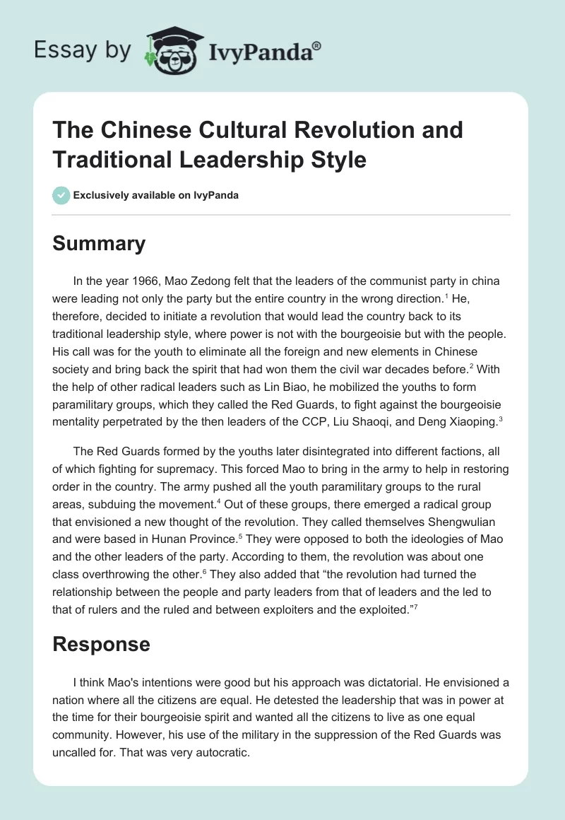 The Chinese Cultural Revolution and Traditional Leadership Style. Page 1