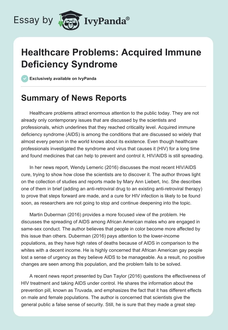 Healthcare Problems: Acquired Immune Deficiency Syndrome. Page 1