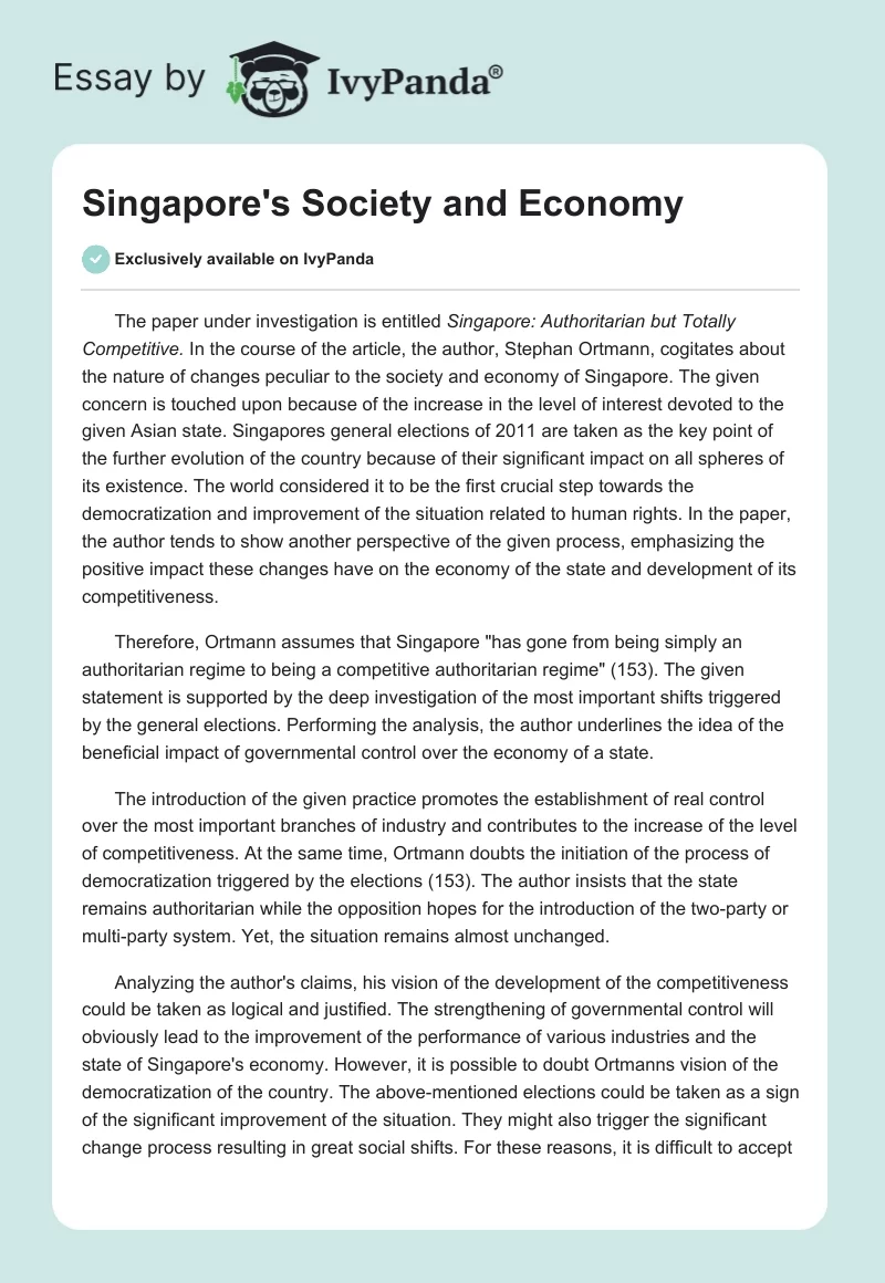 Singapore's Society and Economy. Page 1