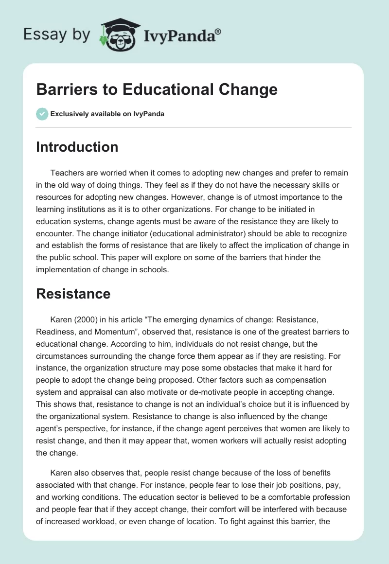 Barriers to Educational Change. Page 1