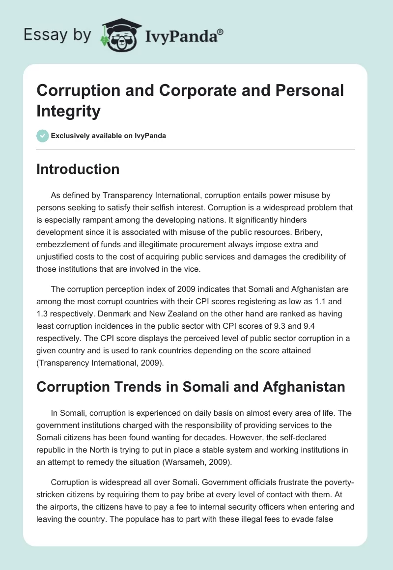Corruption and Corporate and Personal Integrity. Page 1