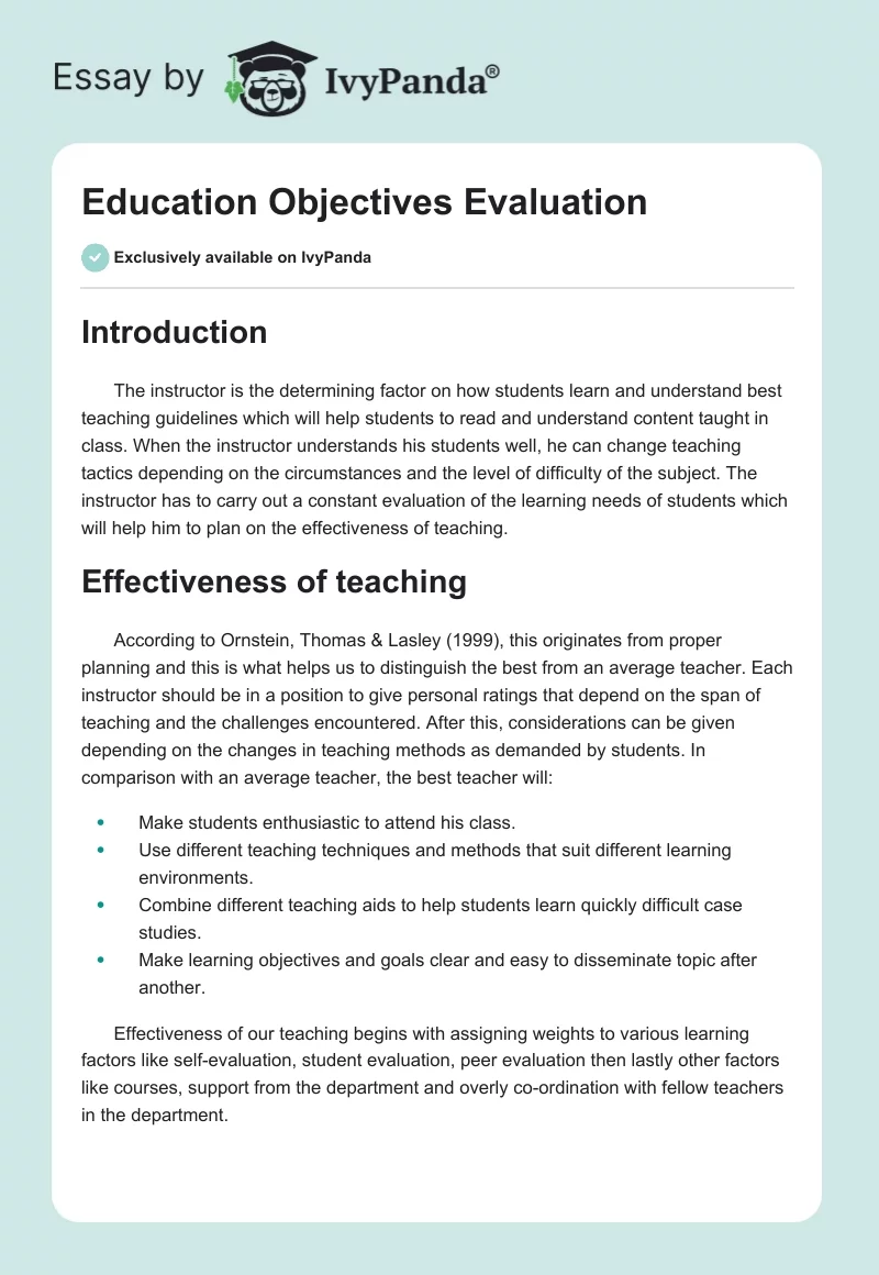 Education Objectives Evaluation. Page 1