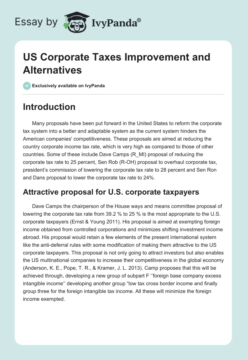 US Corporate Taxes Improvement and Alternatives. Page 1