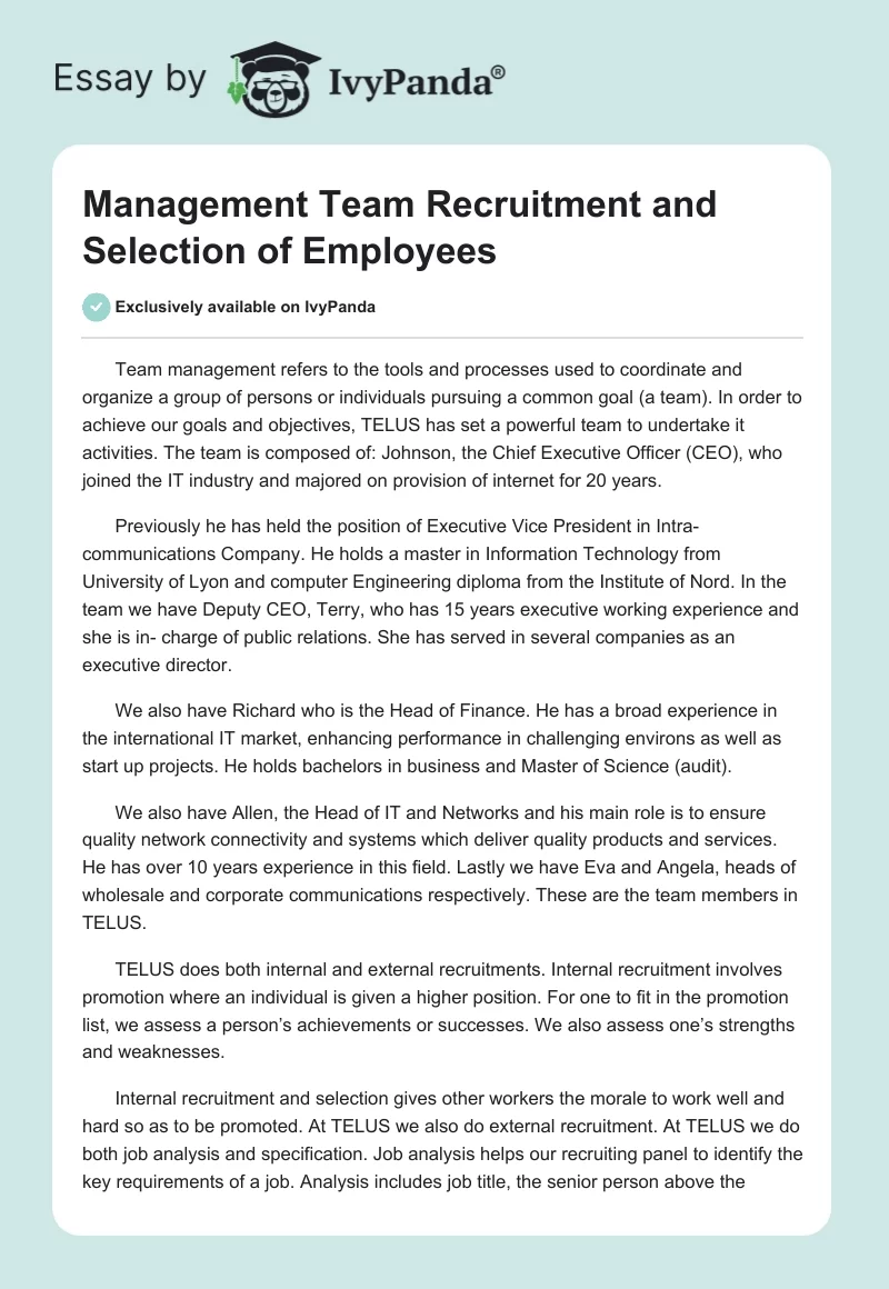 Management Team Recruitment and Selection of Employees. Page 1