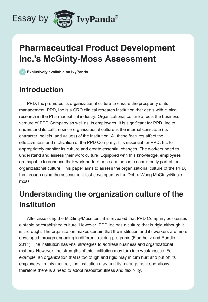 Pharmaceutical Product Development Inc.'s McGinty-Moss Assessment. Page 1