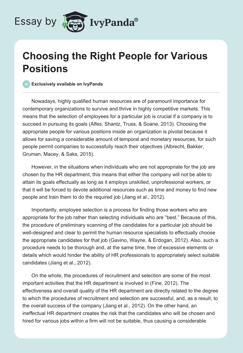 Choosing the Right People for Various Positions. Page 1