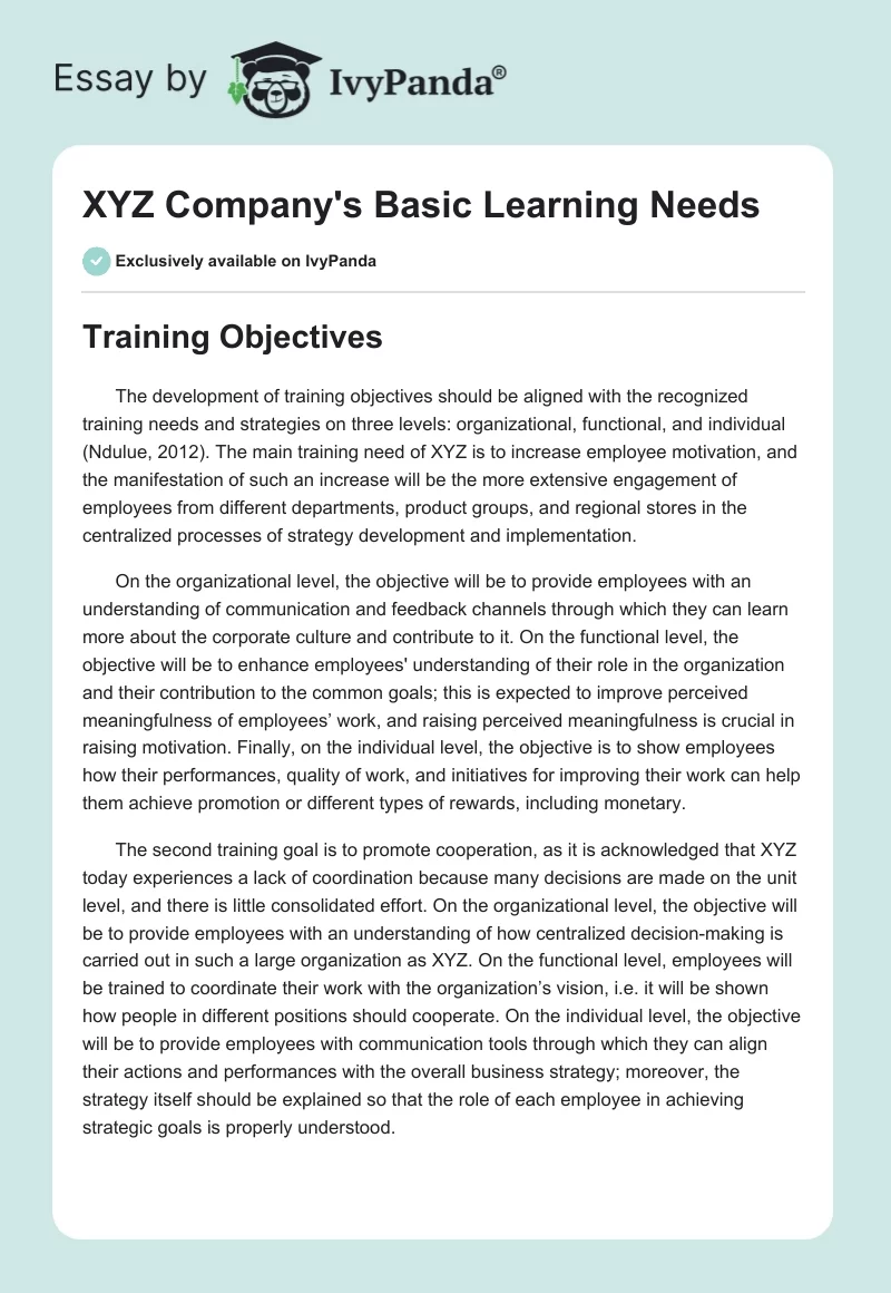 XYZ Company's Basic Learning Needs. Page 1