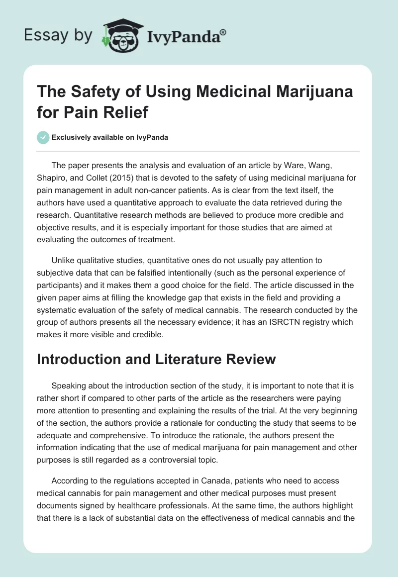 The Safety of Using Medicinal Marijuana for Pain Relief. Page 1