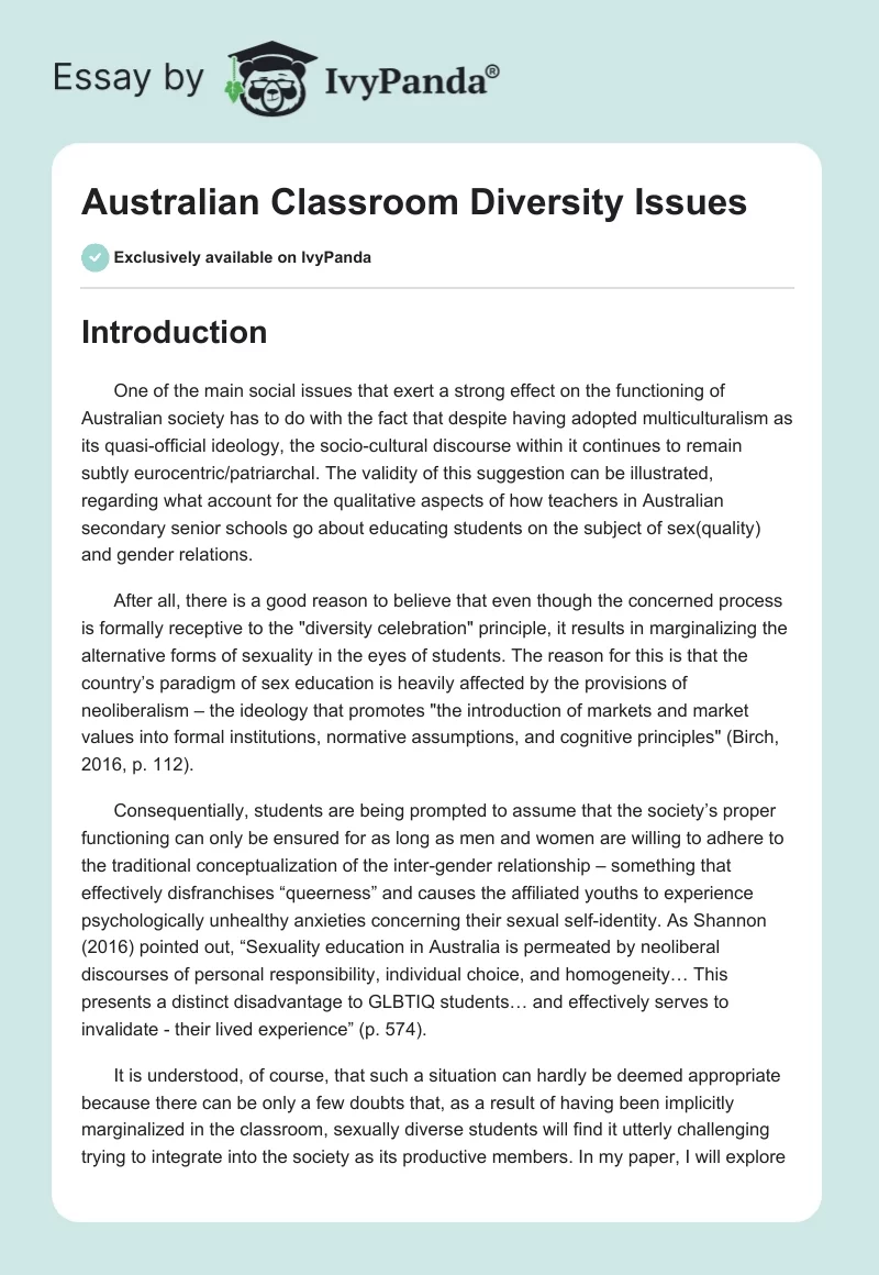 Australian Classroom Diversity Issues. Page 1