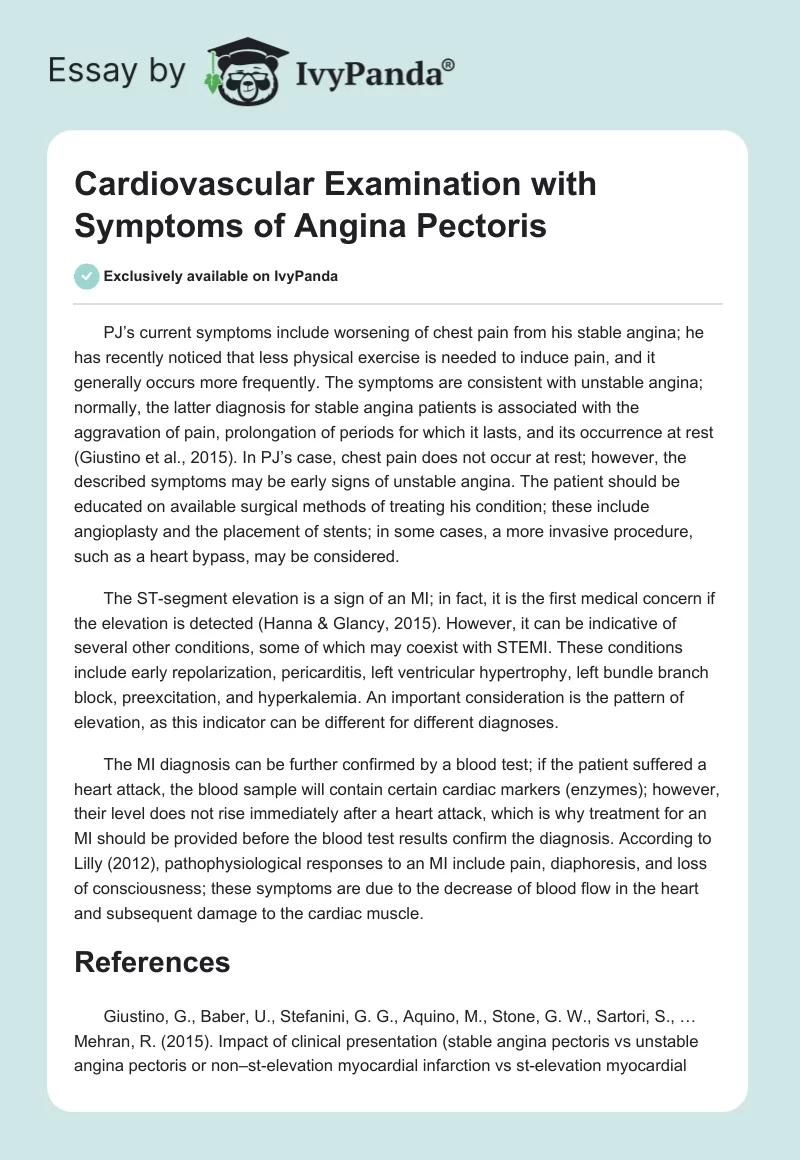 Cardiovascular Examination With Symptoms of Angina Pectoris. Page 1