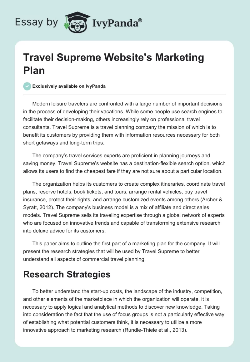Travel Supreme Website's Marketing Plan. Page 1