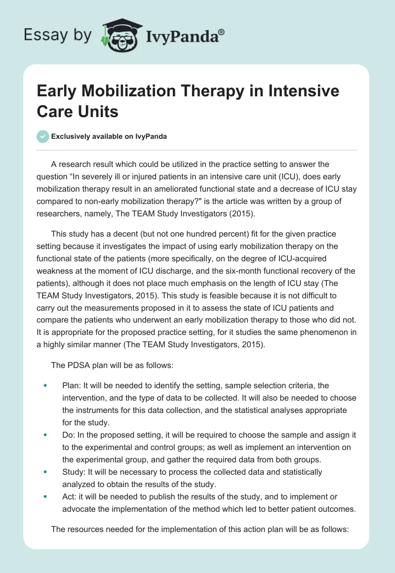 Early Mobilization Therapy in Intensive Care Units. Page 1